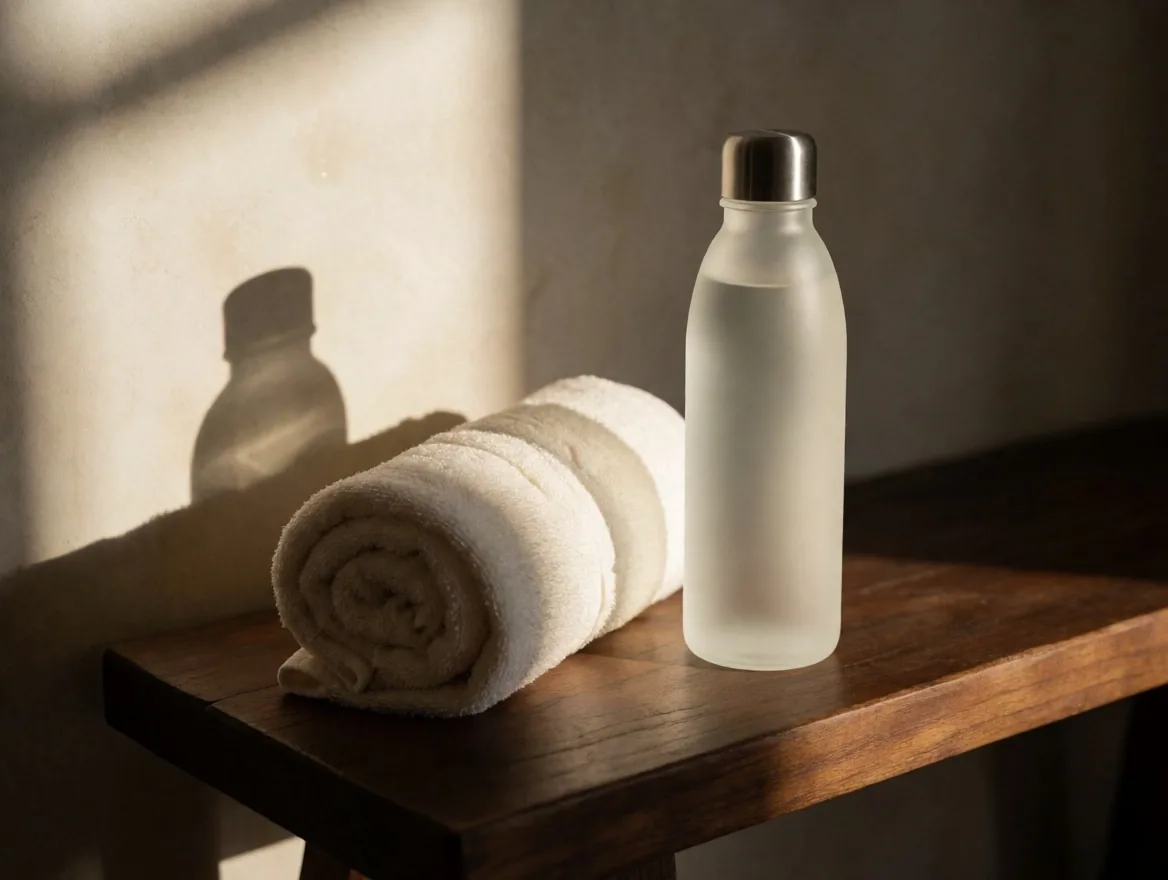 Botella de agua y toalla sobre banco en rincón de gimnasio tras el ejercicio
