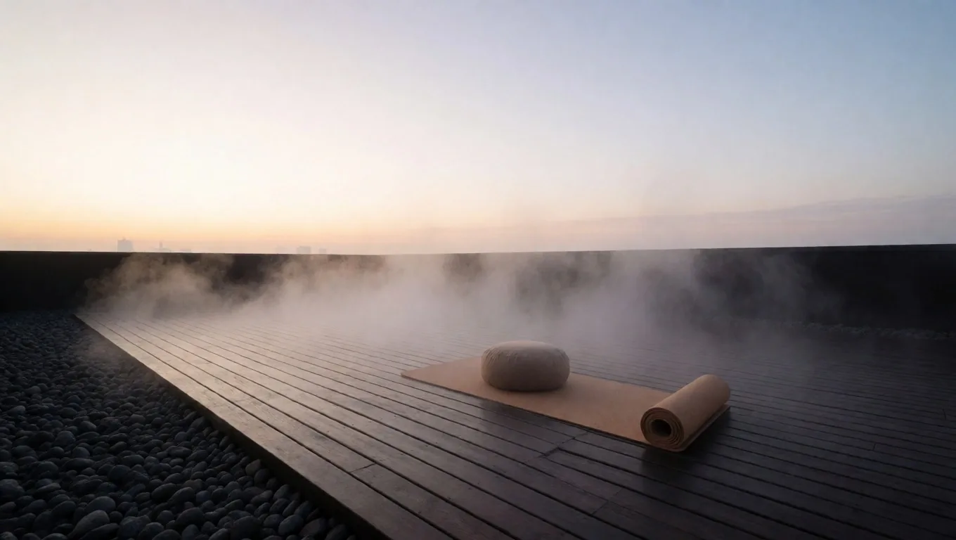 Estudio de recuperación al amanecer con neblina y equipo de descanso sobre piso de concreto