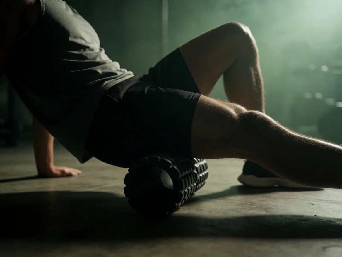 Persona usando foam roller en cuádriceps sobre tapete de gimnasio