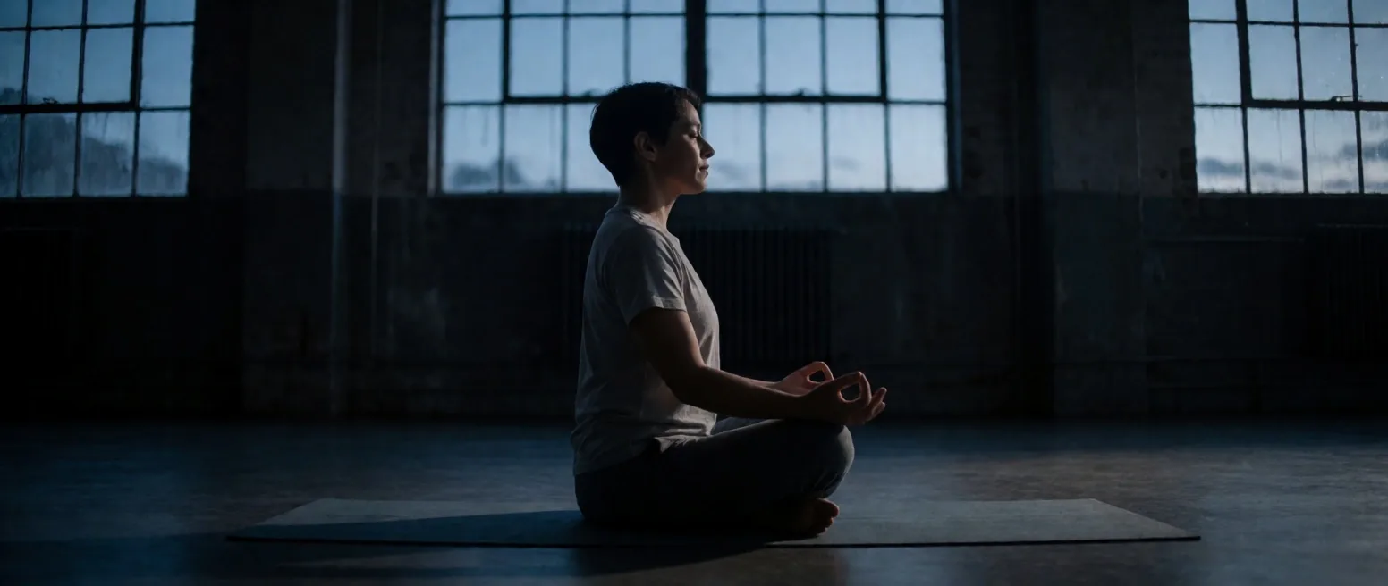 Persona en postura meditativa sobre tapete en estudio de concreto al anochecer