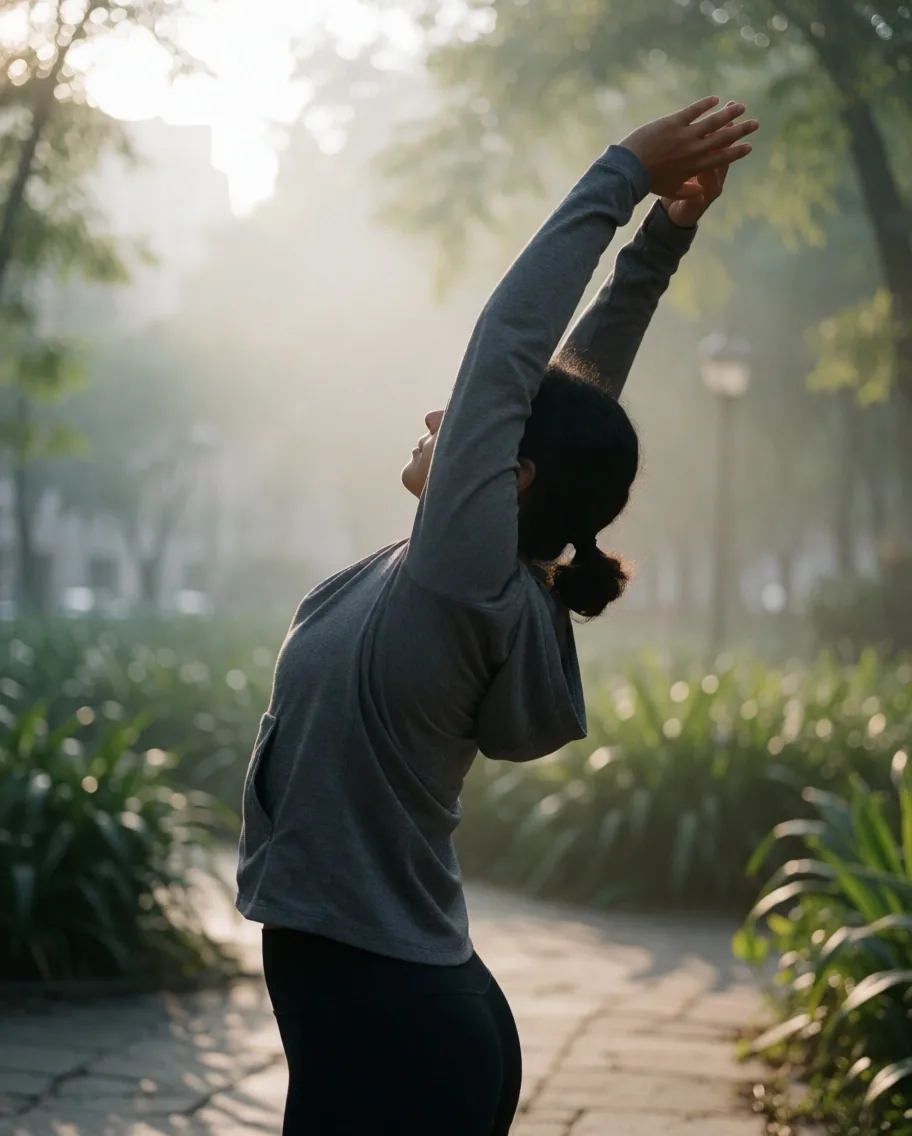 Persona practicando estiramiento consciente al amanecer en un parque urbano