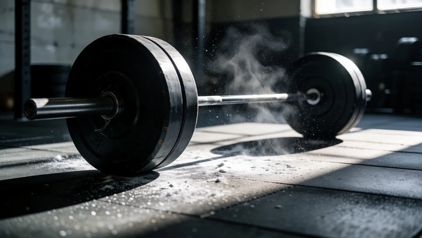 Barra con discos en el suelo de un gimnasio industrial con polvo de magnesia en el aire