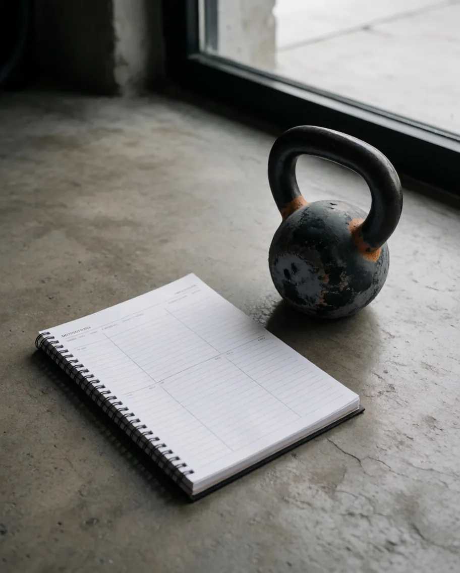 Cuaderno de entrenamiento abierto con anotaciones de series y repeticiones