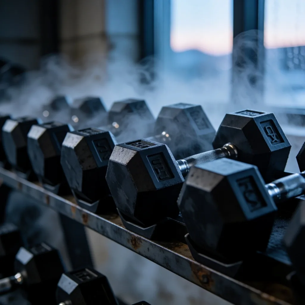 Mancuernas hexagonales sobre soporte metálico en gimnasio con niebla matutina