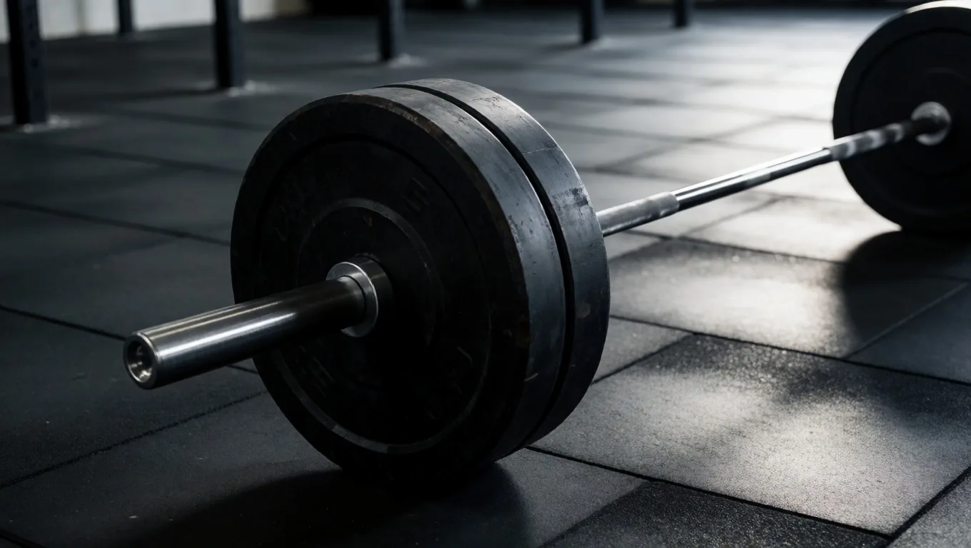 Barra con discos sobre piso de gimnasio industrial