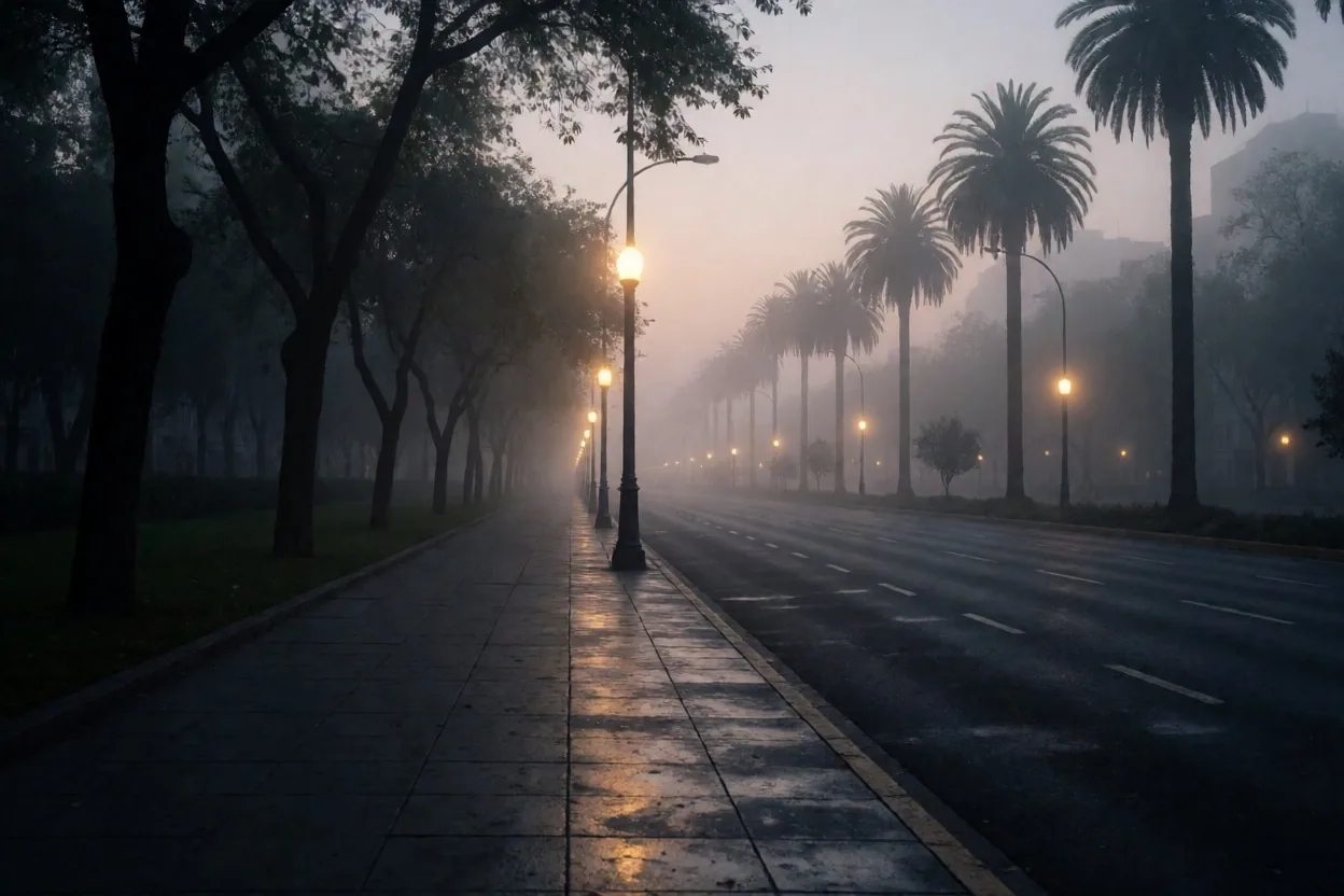 Calle urbana de Ciudad de México al amanecer con niebla