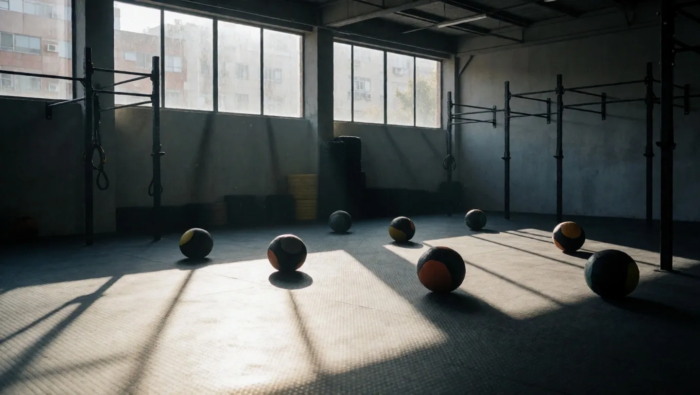 Kettlebell sobre concreto en gimnasio con niebla matutina