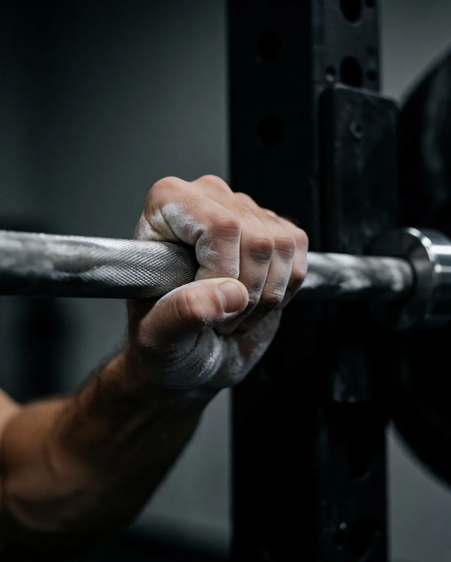 Manos sosteniendo barra en rack de gimnasio