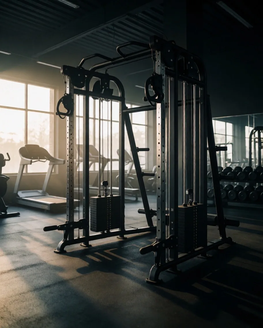 Máquina de poleas en gimnasio vacío al amanecer
