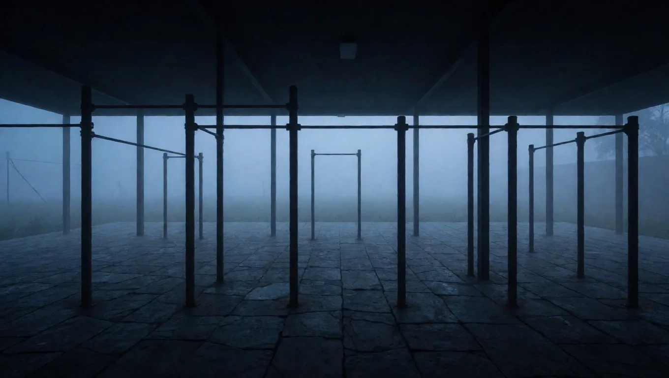 Espacio de entrenamiento envuelto en niebla al amanecer